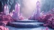 A mystical pathway lined with vibrant pink crystals and foliage under a soft, illuminated, hazy sky, generative ai