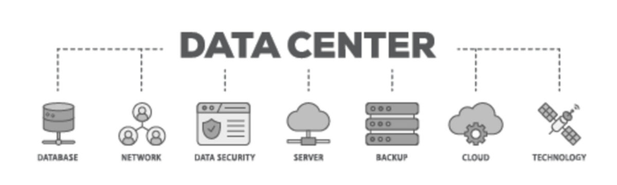 Data center banner web icon illustration concept with icon of database, network, data security, server, backup, cloud and technology icon live stroke and easy to edit 