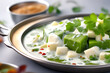 Palak Paneer Curry consisting of spinach and curd, popular Indian menu for healthy lunch, dinner, served in karahi with roti or chapati. Playground AI platform.