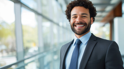 Sticker - A cheerful man in a suit and tie stands confidently in an office environment, exuding professionalism and happiness.