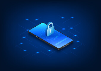 Poster - Cybersecurity technology built into smartphones has a security system. Prevent data theft and destruction, enter the verification code to use. Mobile phone screen with lock,  isometric