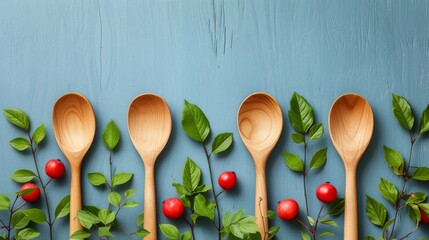 Wooden spoons with fresh rosehip berries and leaves on blue background