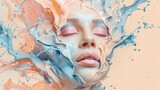 Fototapeta Kwiaty - Face of a young woman in pastel colors paint splashes. Splashes of colored liquid around a female's head on beige background