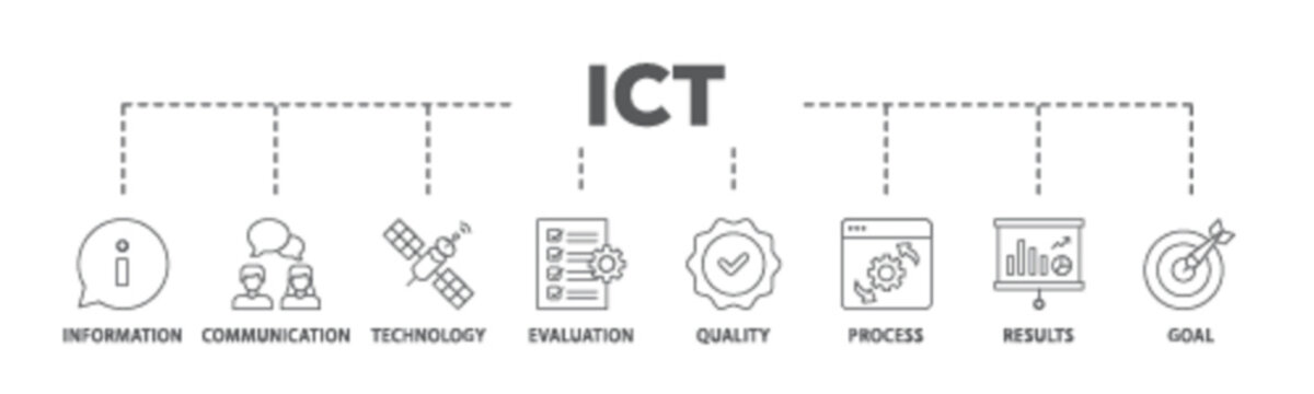 ICT banner web icon illustration concept with icon of antenna, radio, network, website, database, cloud, server, data, electronic, and processor icon live stroke and easy to edit 