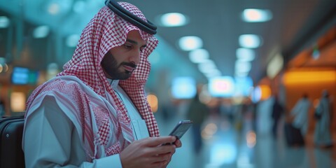 A young Arab businessman uses his smartphone, combining modern technology with traditional culture and radiating success.