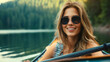 Closeup of a beautiful young woman wearing sunglasses and sitting in a wooden kayak boat and canoeing on the river during the sunny summer day. Lake water sport adventure, recreational rowing