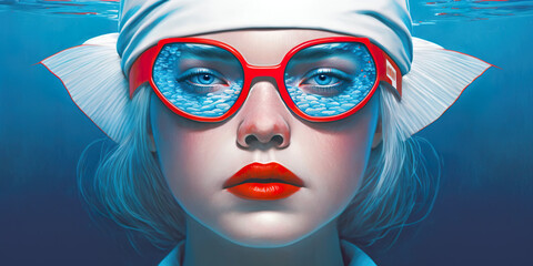 Wall Mural - Surreal portrait of a woman submerged in water, wearing large red-framed glasses reflecting a cracked texture, with white headwear and striking red lips.Portrait concept. AI generated.