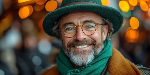 A happy and attractive mature man with glasses and a green accessory celebrates St. Patrick's Day.