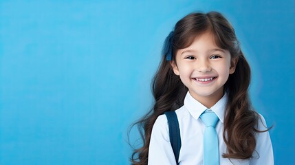 Wall Mural - Reading book. little girl smiling with book on a blue background, school, back to school, education