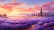 Sunrise over lavender field, landscape wallpaper illustrations