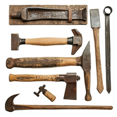 Set of DIY old carpenter hand tools isolated on white or transparent background