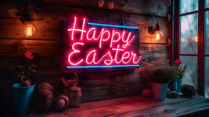 Wall Mural - Happy Easter neon sign on the background of a wooden wall decorated with flowers