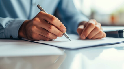 Wall Mural - A close-up shows a person's hands signing a document on a desk, one hand holding a pen with precision and the other providing stability