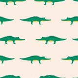 Fototapeta Dziecięca - Seamless pattern with cute cartoon crocodiles. Funny baby print Suitable for children's fabrics, wrapping paper, children's wallpaper, textiles, packaging.
