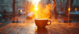 Fresh hot cup of coffee americano or cappuccino for breakfast. Morning light. Outdoor, street background.