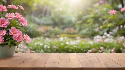 Sticker - Summer Day at a Lush Pink Flower Garden With Wooden Foreground