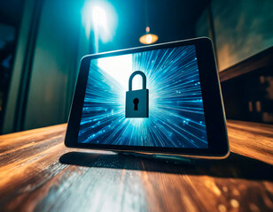 Tablet on a table with mystical light and an artistic image of a padlock. Importance of protecting our digital lives with strong passwords. Identity theft. World Password Day.