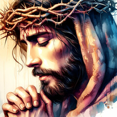 Wall Mural - Portrait of Jesus with his eyes closed, praying. Colorful oil painting.