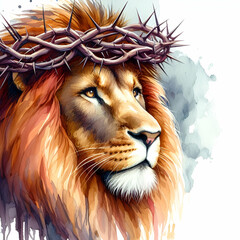 Wall Mural - Lion with crown of thorns. Jesus, the Lion. Watercolor hand drawn illustration