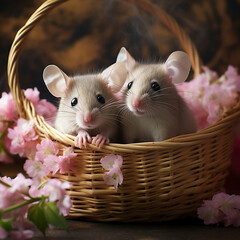 Two cute mouse in a basket with flowers on a wooden background.