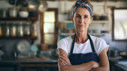 Wall Mural - content and confident middle-aged female chef with a headscarf and apron, smiling and standing with crossed arms in a well-equipped kitchen