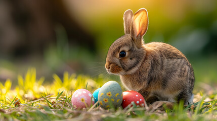 Wall Mural - A bunny next to colourful Easter eggs on a grassy field in spring. Ai generative