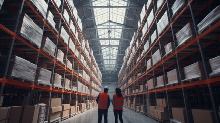 Wall Mural - two workers in safety vests having a conversation in the aisle of a large warehouse filled with high shelving units stocked with boxes.