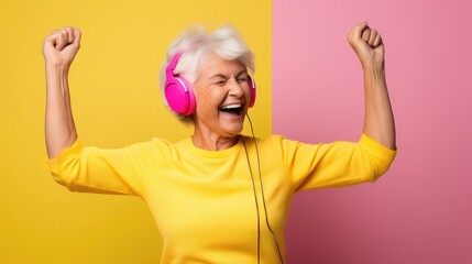 Wall Mural - Grandmother dancing with headphones on yellow background, concept yellow day