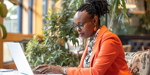 Wall Mural - Black Woman business executive working on laptop computer in a modern office