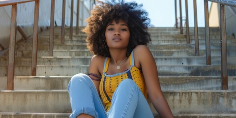 Cool young woman sitting on the stairs