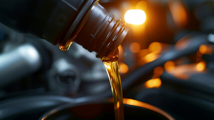 Wall Mural - motor oil being poured, showing a golden fluid in motion with a blurred mechanical background