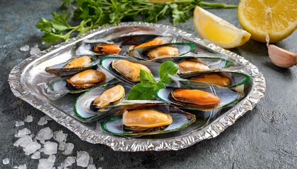 Wall Mural - frozen mussels vacuum packed on a metal plate