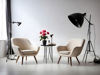 Stylish interior design, two chairs, studio light, interview scene design.