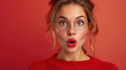 Young funny creative woman, excited lady in glasses and red sweater on bright gradient background making funny face. Charming beautiful eyes.