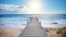 Wooden Path At Idealistic Landscape Over Sand Dunes With Ocean View, Sunset Summer