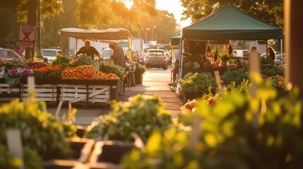 Wall Mural - An early morning farmers market scene, bustling with vendors and customers, fresh produce on display, capturing the essence of local commerce and community. Resplendent.