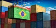 © PX Media - Freight shipping container with flag of Brazil on crane hook - 3D illustration