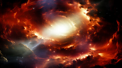 Wall Mural - fiery explosion in space, computer generated abstract background. red and orange nebula with stars a