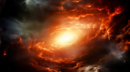 Wall Mural - fiery explosion in space, computer generated abstract background. red and orange nebula with stars a