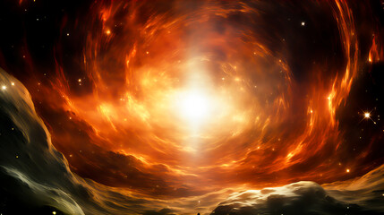 Wall Mural - fiery explosion in space, computer generated abstract background. red and orange nebula with stars a