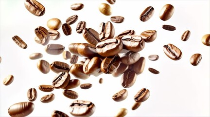 Wall Mural - A bunch of coffee beans falling into the air white background, Generative AI