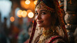 A resplendent Indian bride dons traditional attire, her allure enhanced by the regality of gold jewelry. Generative AI