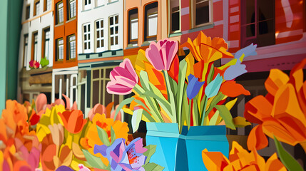 Poster - Urban Blossoms: Amsterdam's Famous Landmarks in Abstract Tulip Papercut. Generative AI