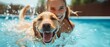 © Mickael - A young girl and her dog share a tender moment in the sparkling blue waters of the swimming pool. Happy child with his pet dog in a swimming pool. Generative ai