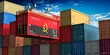Freight shipping container with flag of Angola on crane hook - 3D illustration