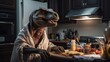 A scene where a dinosaur cooks food in the kitchen. Surreal