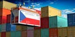 Freight shipping container with flag of Czech Republic on crane hook - 3D illustration