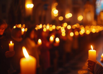 Sticker - Candles. The light of the world. Christian holiday. People holding candles during religious procession in church