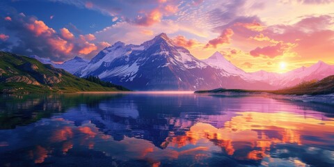 Wall Mural - A majestic mountain landscape at sunset, snow-capped peaks, a crystal-clear lake reflecting the vibrant sky, serene nature. Resplendent.