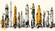 Leinwandbild Motiv An intriguing watercolor sketch featuring rockets and shells outlined